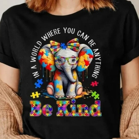 Tops - Autism Elephant 'Be Kind' Graphic T-Shirt - Unisex Size S